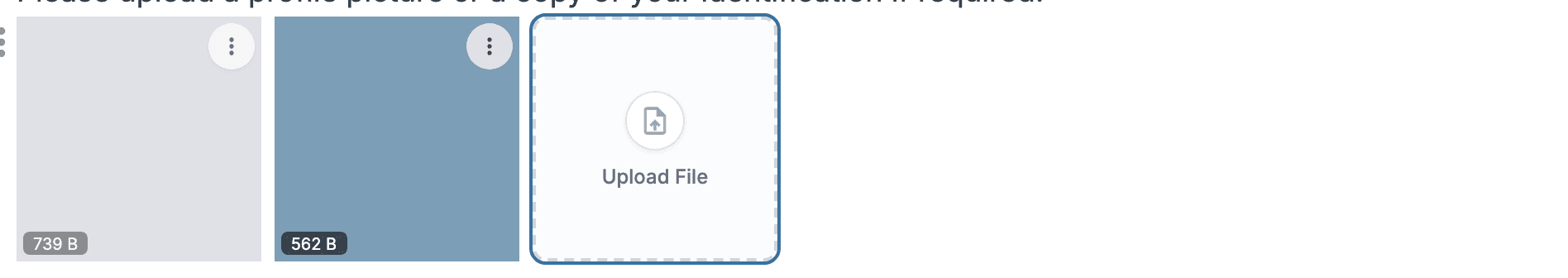 An upload block holding two uploaded files as thumbnails with size labels, beside an empty Upload File tile