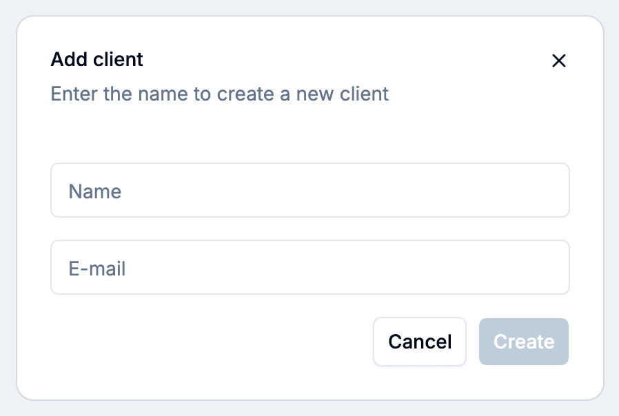 Add client dialog with a Name field and an optional E-mail field