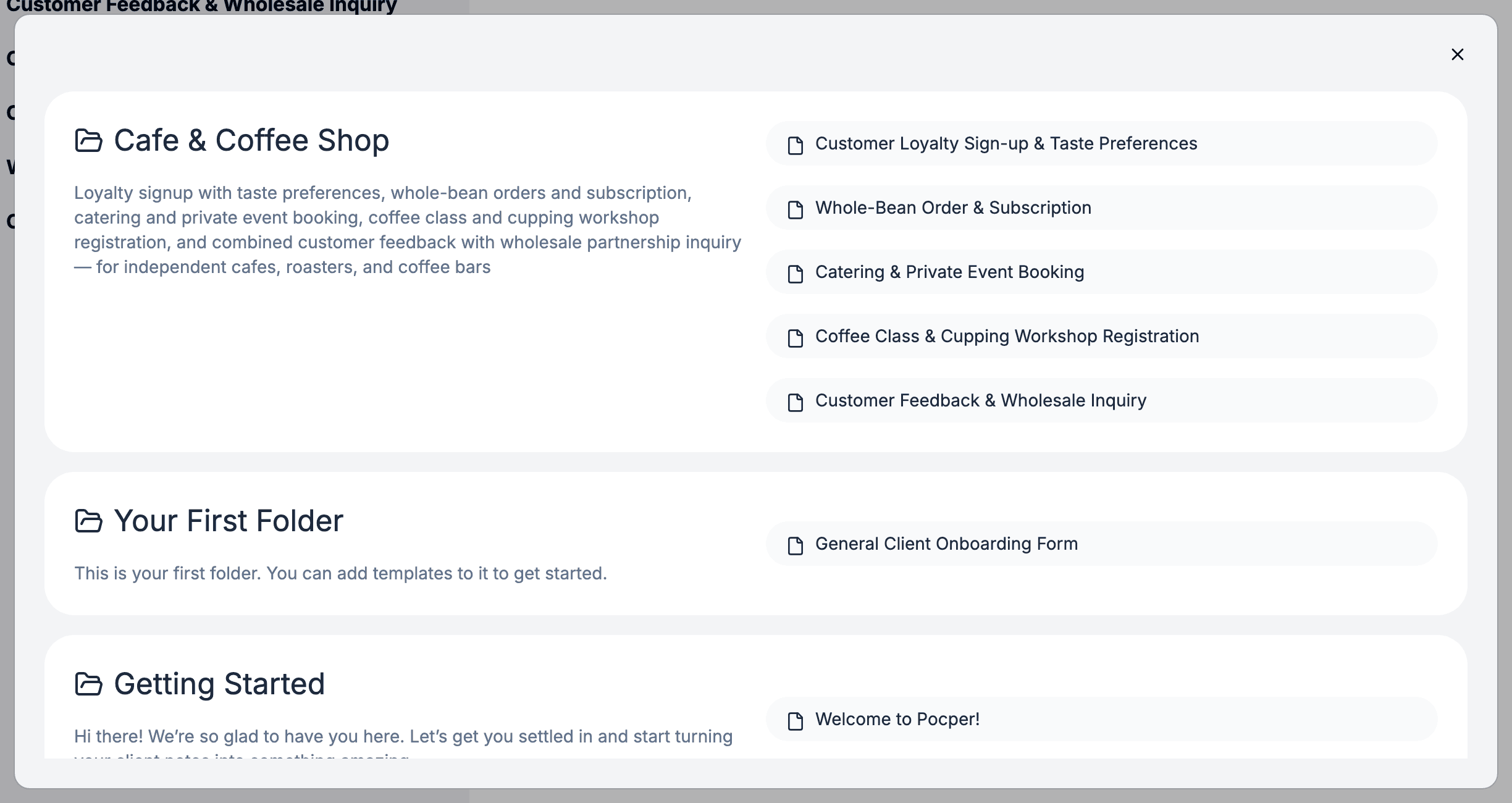 Add-folder dialog listing the team's template folders to choose from