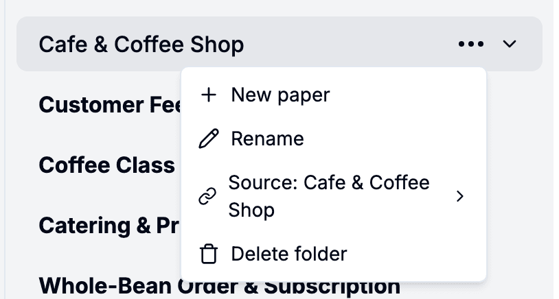 Folder row with the More-button menu open, showing New paper, Rename, Source submenu, and Delete folder
