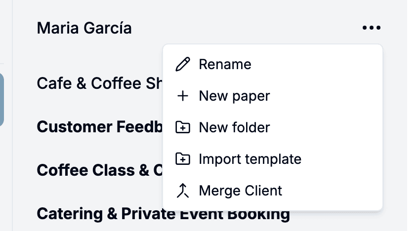 Client info row with the More menu open, showing Rename at the top of the list
