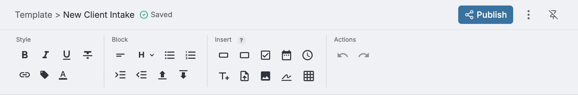 The editor toolbar above a template: breadcrumb and save state on one row, formatting and insert tools below
