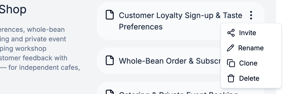 Template row with the three-dot menu open, showing Invite, Rename, Clone, Delete