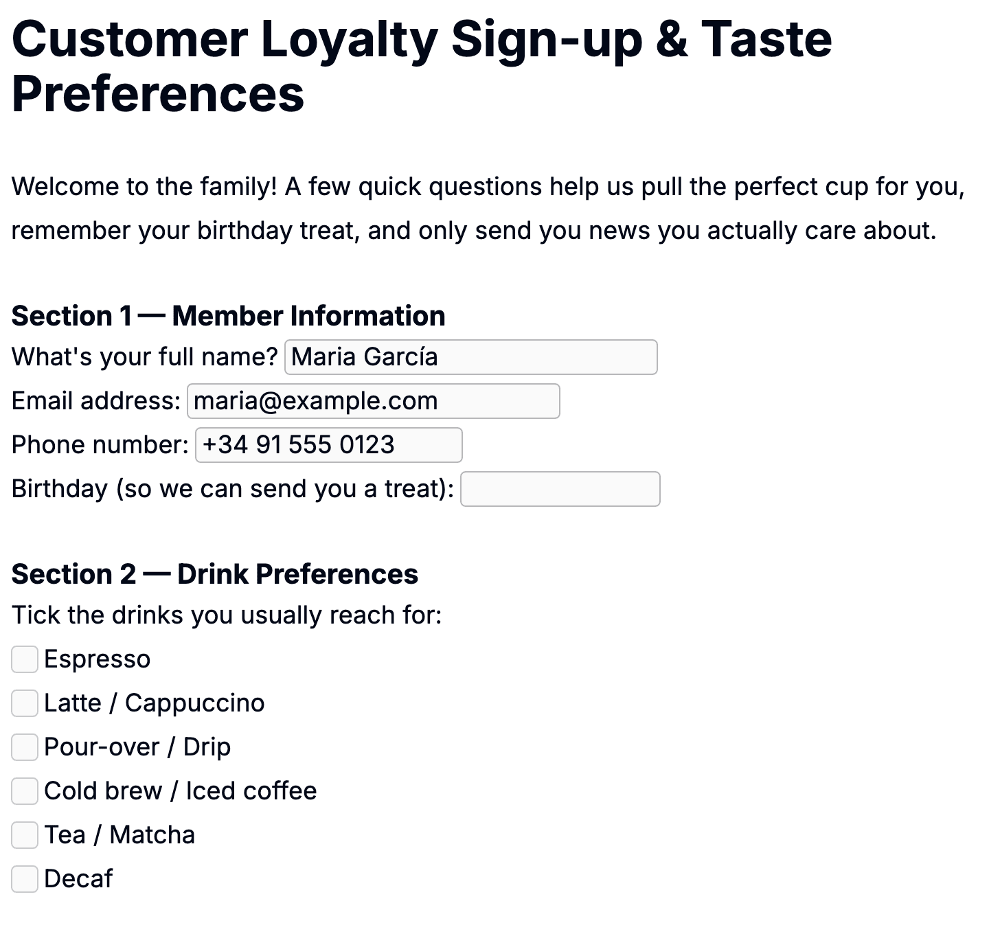 Submitted paper open in the editor with member info and drink-preferences sections filled in