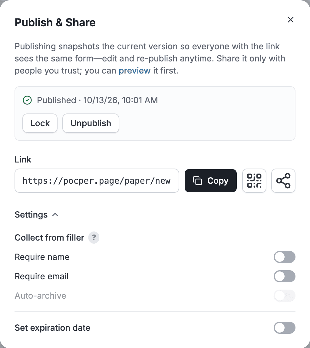 The share dialog opened from the top toolbar, showing the require-name, require-email and expiry options