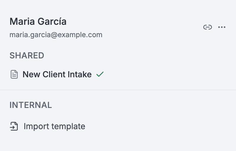 The admin portal sidebar for Maria García: the submitted New Client Intake, with a green check, directly under the client's name in the Shared zone