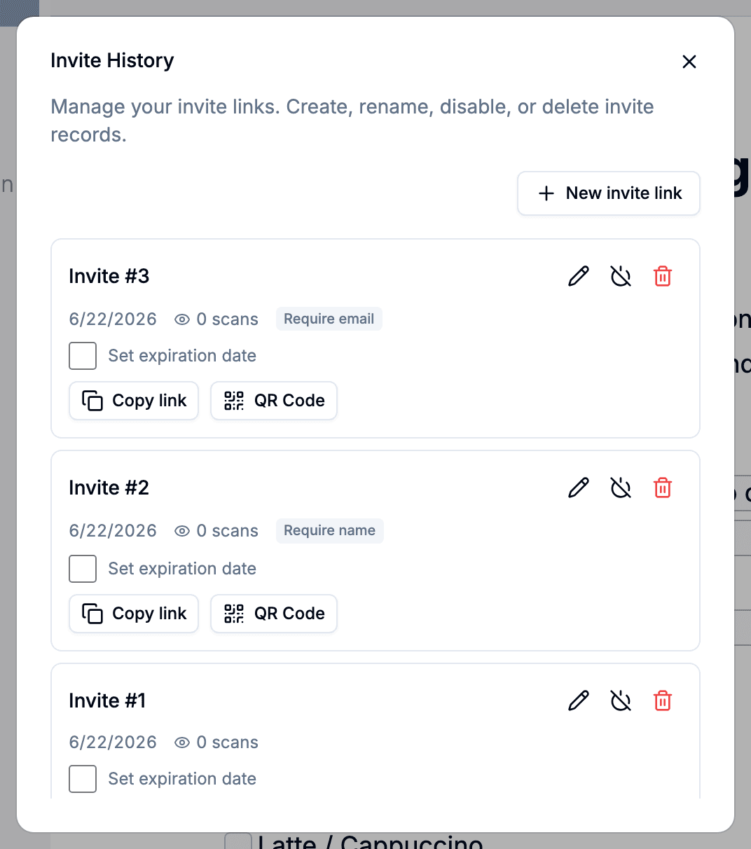 Paper Invite History dialog listing three invite records, each with copy-link, QR-code, edit, disable, and delete controls