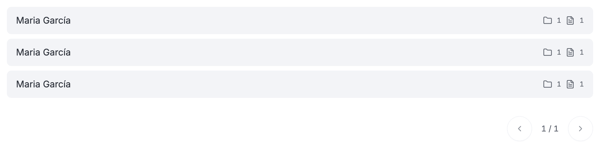 The client list showing three separate entries, all named Maria García, each with a document count of one.