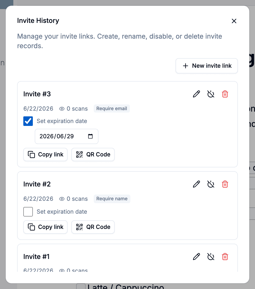 Same Invite History dialog with one record's expiration date picker expanded — managing scans, expiration, and active state per link