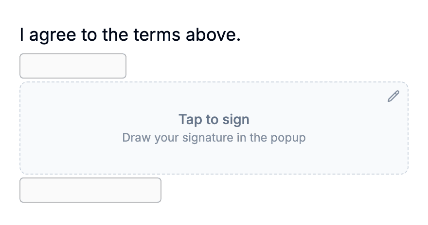 Editor showing a signature block paired with a consent sentence, a name input, and a date selector