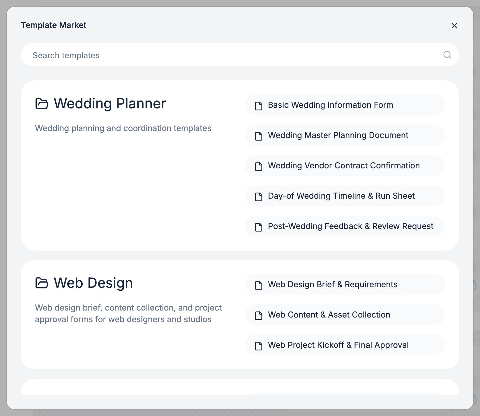 Templates section in the admin portal with the Template Market open, showing ready-made templates organized by industry