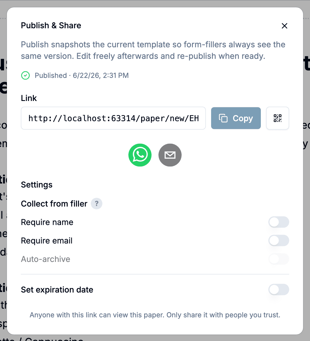 Share dialog opened from the top toolbar, with the Require name, Require email, and Expires at options visible