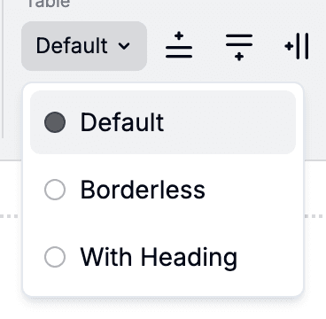 Table-style dropdown open showing three options — Default (selected), Borderless, With Heading